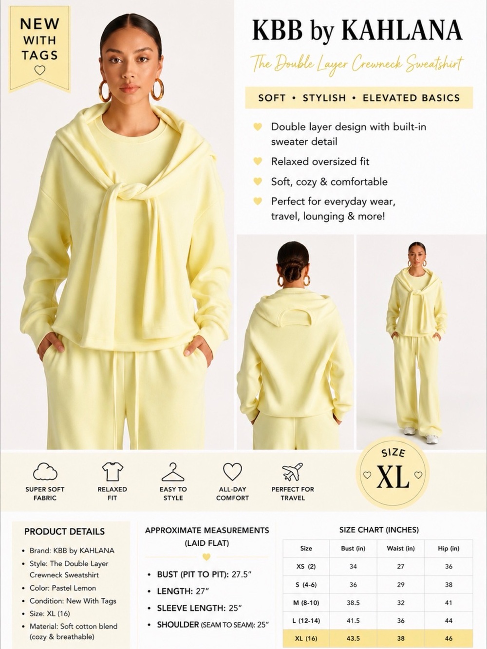 KBB by KAHLANA Double Layer Crewneck Sweatshirt - Pastel Lemon size XL
